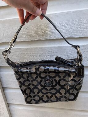 Coach Coated Canvas With Black Patent Leather Trim And Silver Hardware Mini Bag